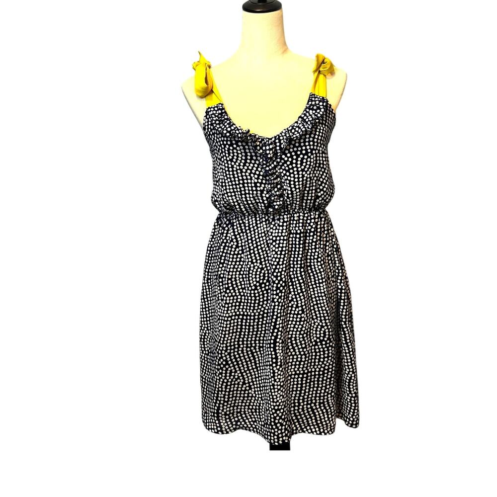 Emmelee Navy Polka Dot Mustard Yellow Tie Strap Ruffle Dress Size Small Beachy